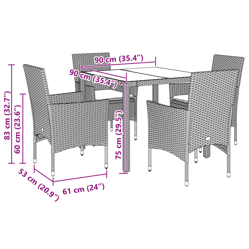 5-tlg. Garten-Essgruppe mit Kissen Braun Poly Rattan Glas