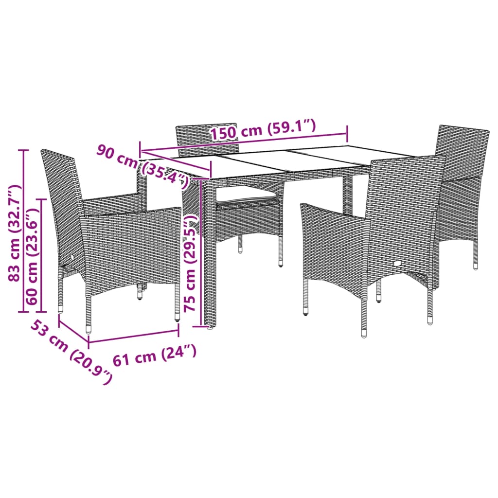 5-tlg. Garten-Essgruppe mit Kissen Braun Poly Rattan Glas