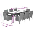 9-tlg. Garten-Essgruppe mit Kissen Grau Poly Rattan und Glas