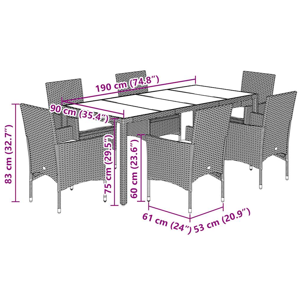 7-tlg. Garten-Essgruppe mit Kissen Hellgrau Poly Rattan & Glas