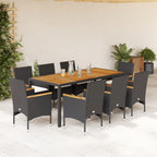 9-tlg. Garten-Essgruppe mit Kissen Schwarz Poly Rattan Akazie