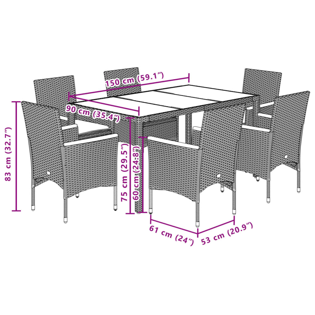 7-tlg. Garten-Essgruppe mit Kissen Grau Poly Rattan und Glas