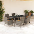 7-tlg. Garten-Essgruppe mit Kissen Grau Poly Rattan und Glas