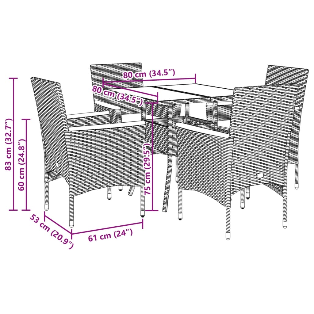 5-tlg. Garten-Essgruppe mit Kissen Grau Poly Rattan und Glas