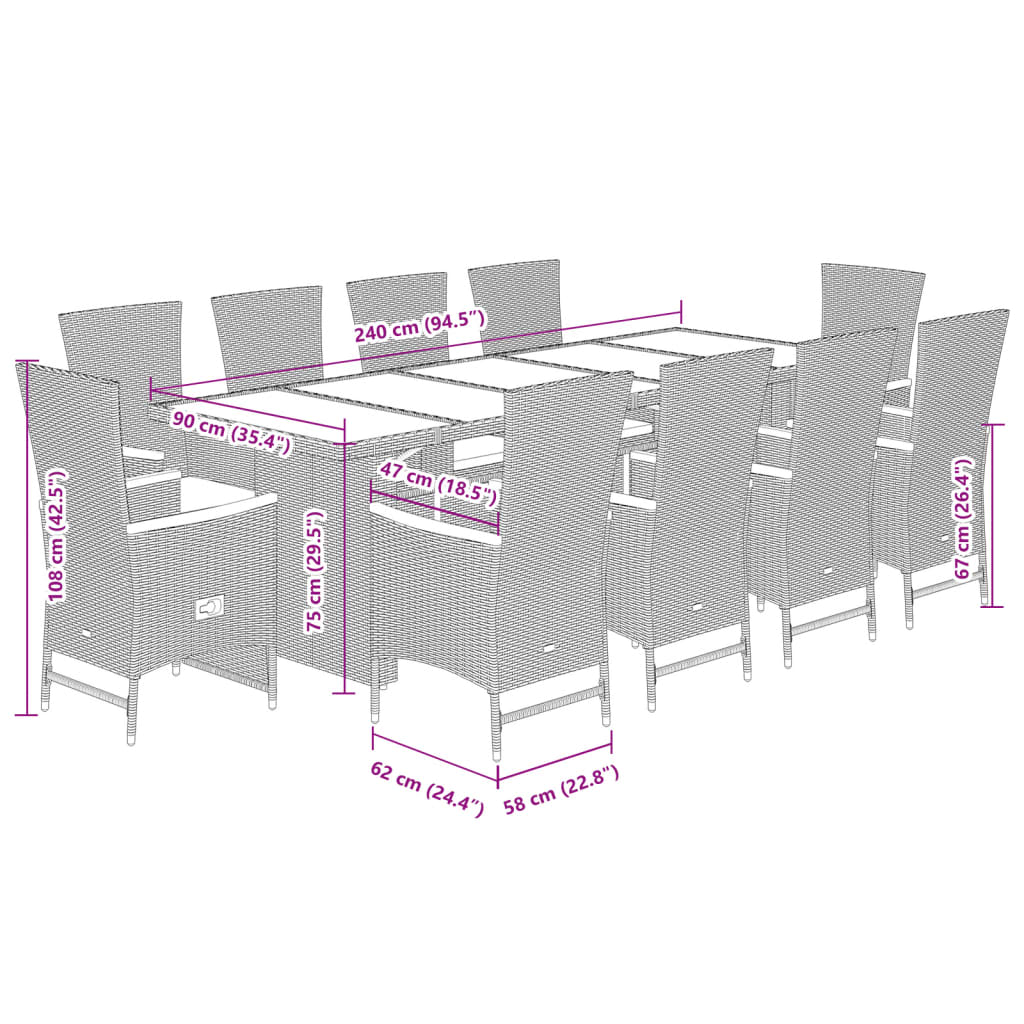 11-tlg. Garten-Essgruppe mit Kissen Grau Poly Rattan