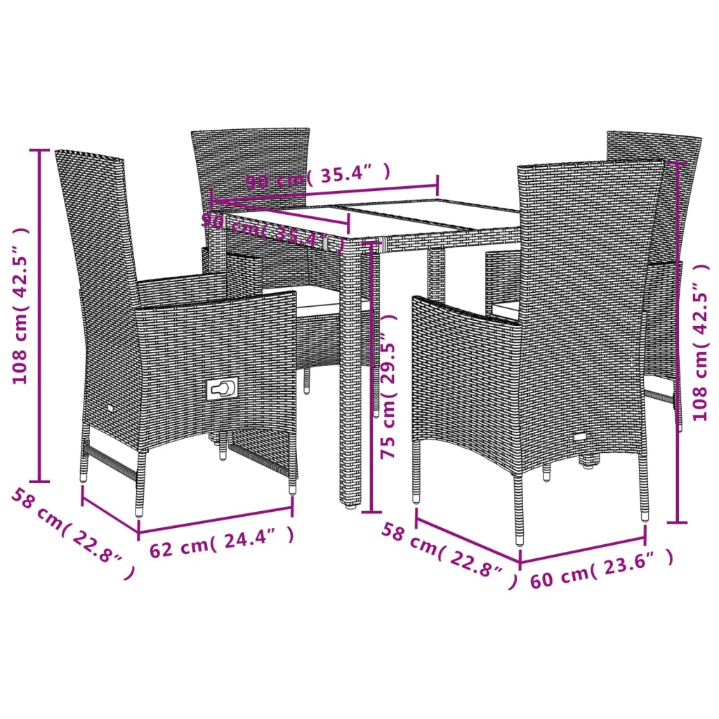 5-tlg. Garten-Essgruppe mit Kissen Beige Poly Rattan