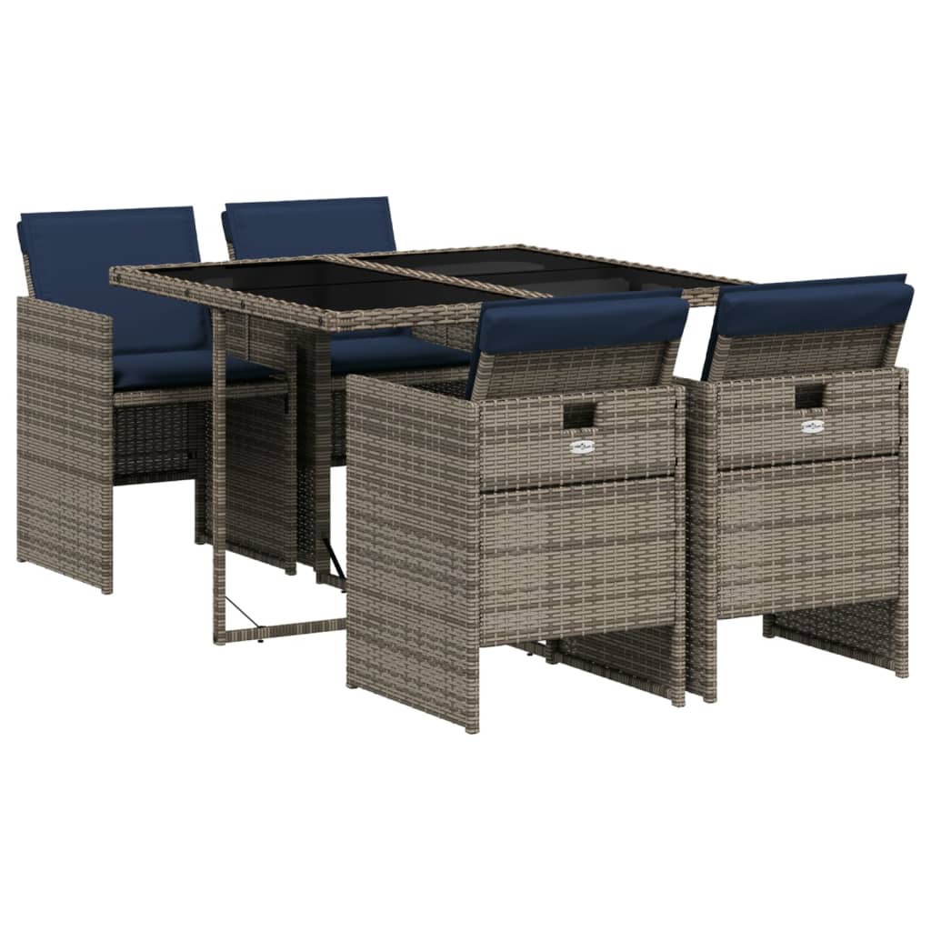 5-teiliges Garten-Ess-Set mit Kissen, grau, Polyrattan