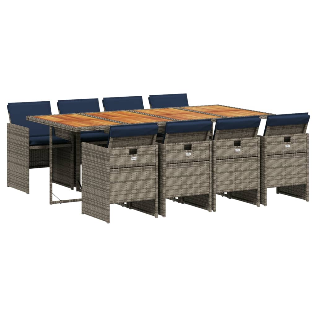 9-teiliges Garten-Ess-Set mit Kissen, grau, Polyrattan