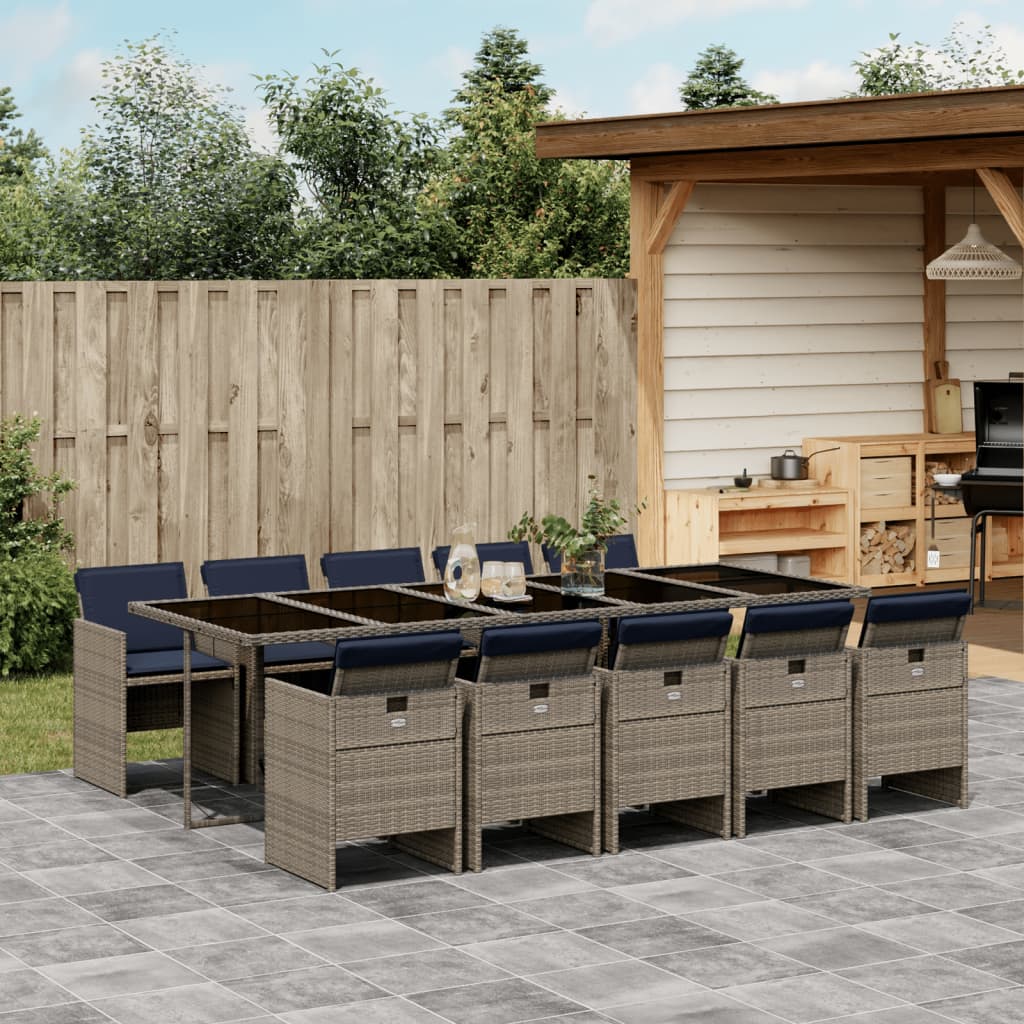 11-teiliges Garten-Ess-Set mit Kissen, grau, Polyrattan