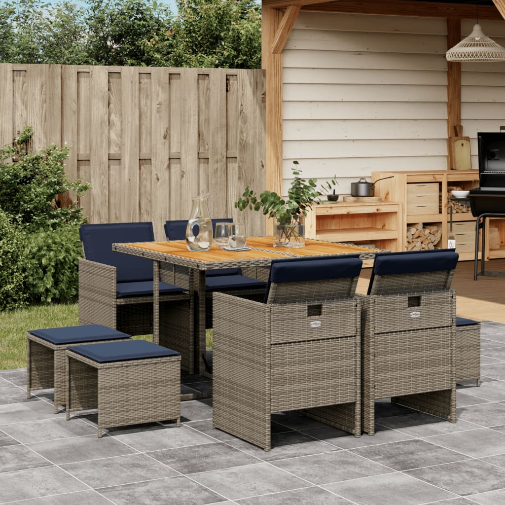 9-teiliges Garten-Ess-Set mit Kissen, grau, Polyrattan