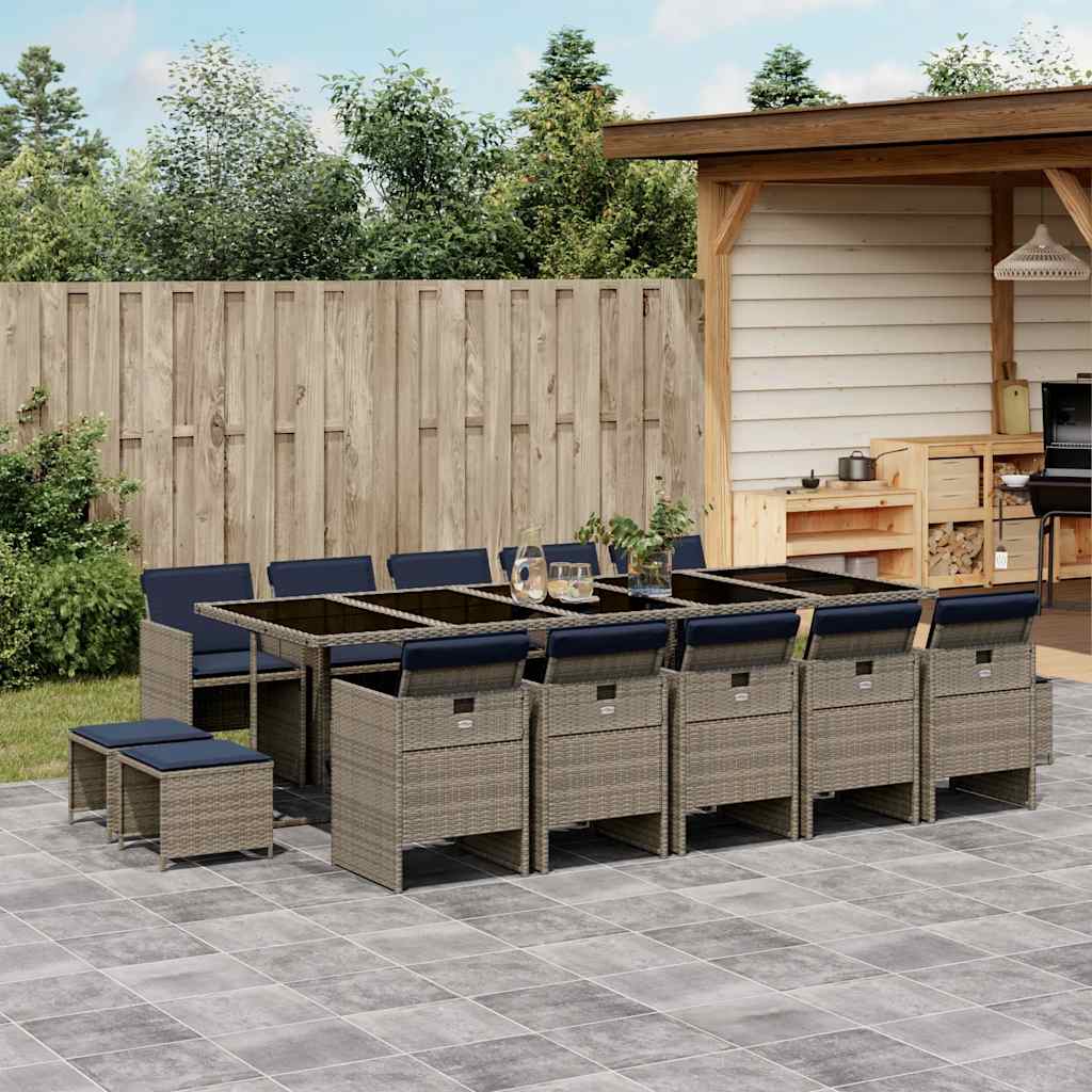 15-teiliges Garten-Ess-Set mit Kissen, grau, Polyrattan