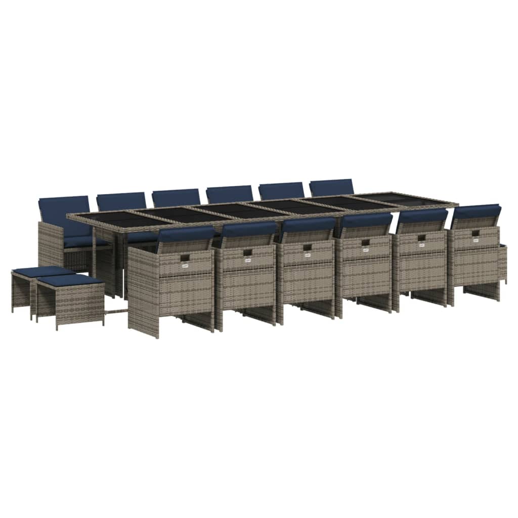 17-teiliges Garten-Ess-Set mit Kissen, grau, Polyrattan