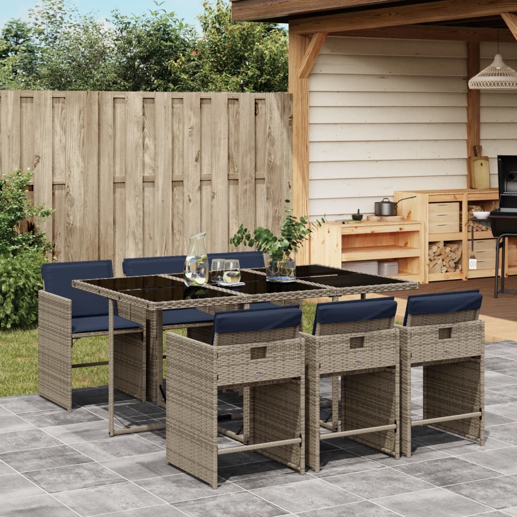 7-teiliges Garten-Ess-Set mit Kissen, grau, Polyrattan
