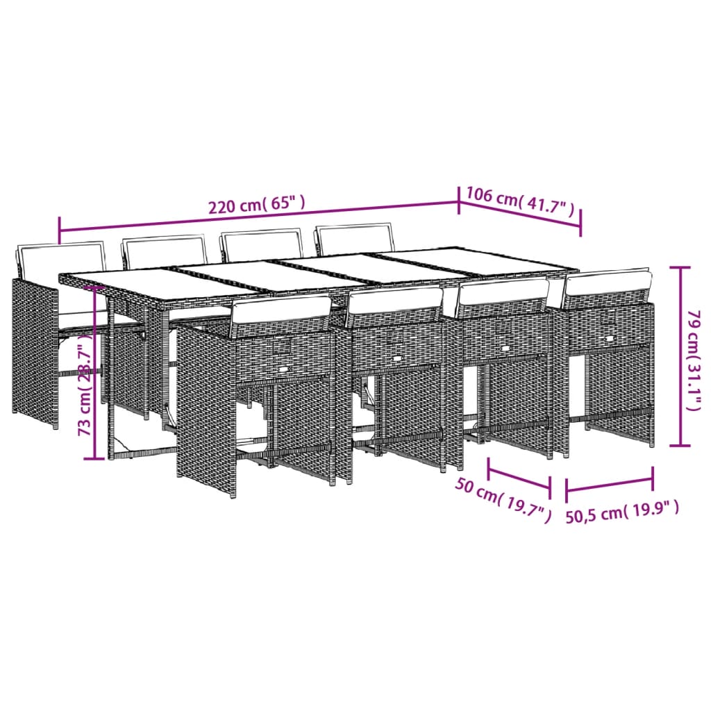 9-teiliges Garten-Ess-Set mit Kissen, grau, Polyrattan