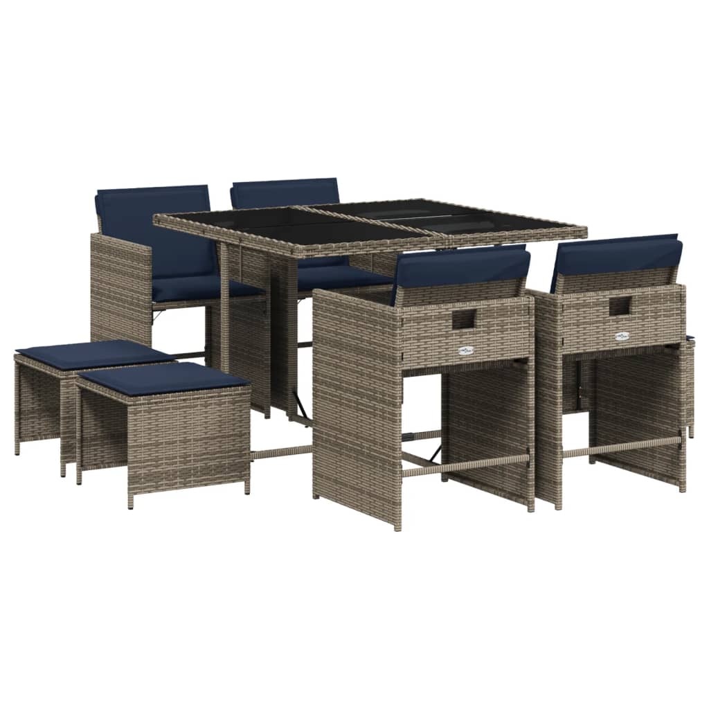 9-teiliges Garten-Ess-Set mit Kissen, grau, Polyrattan