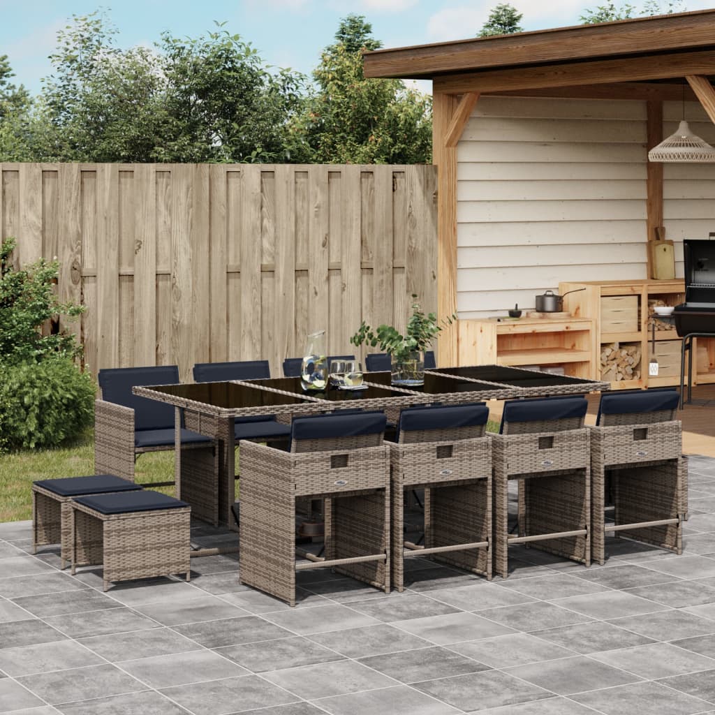 13-teiliges Garten-Ess-Set mit Kissen, grau, Polyrattan