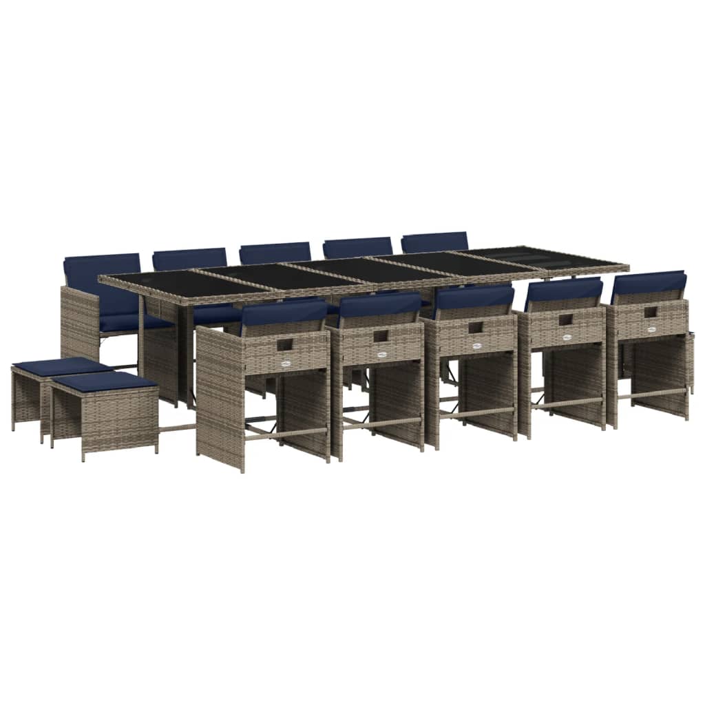 15-teiliges Garten-Ess-Set mit Kissen, grau, Polyrattan