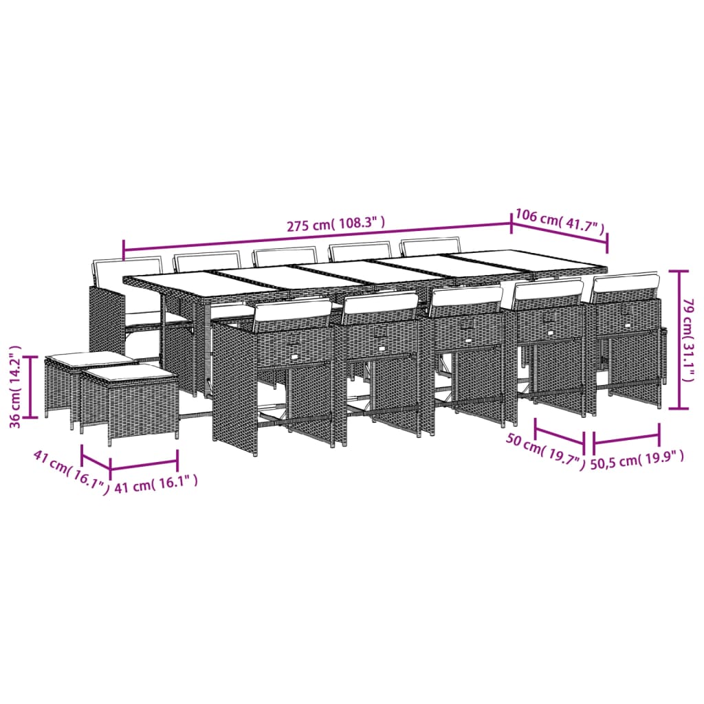 15-teiliges Garten-Ess-Set mit Kissen, grau, Polyrattan