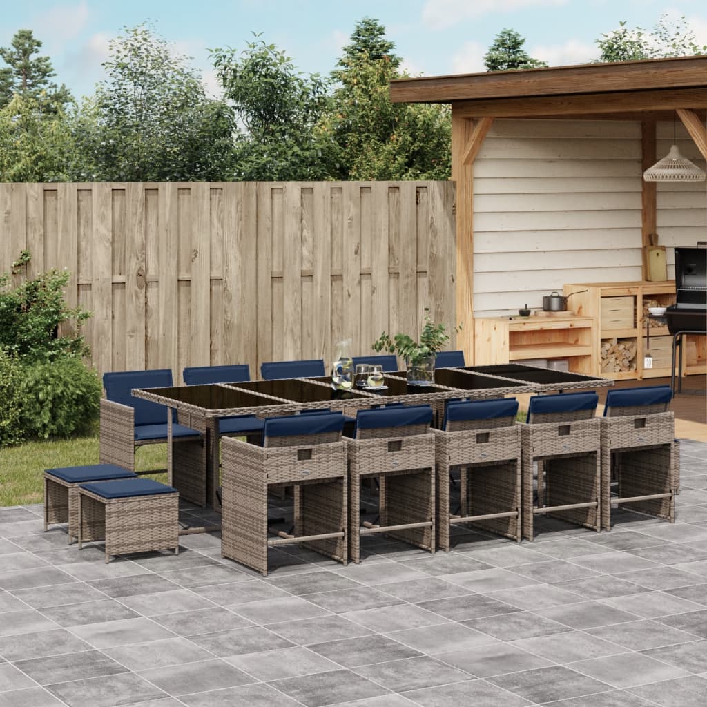 15-teiliges Garten-Ess-Set mit Kissen, grau, Polyrattan