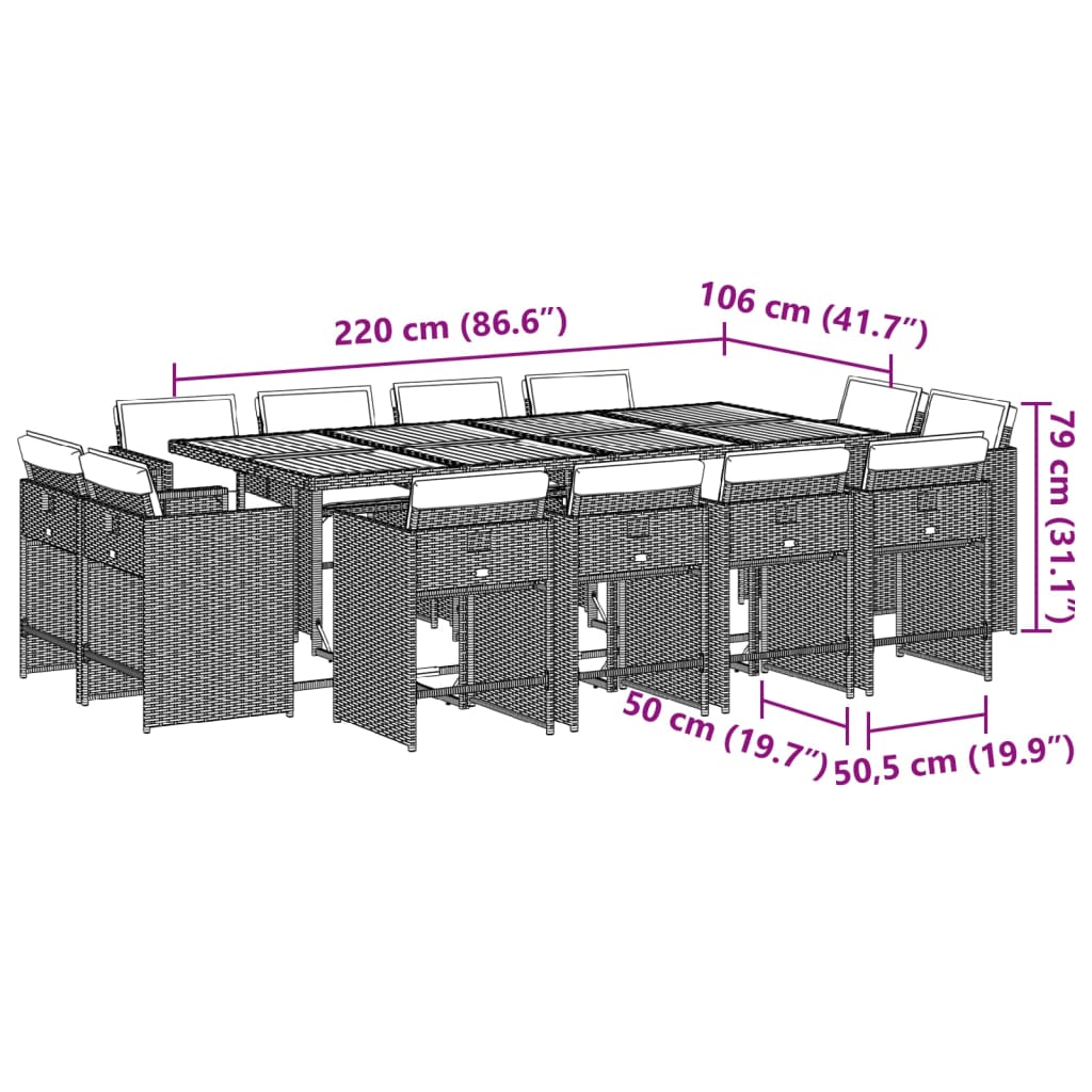13-tlg. Garten-Essgruppe mit Kissen Grau Poly Rattan