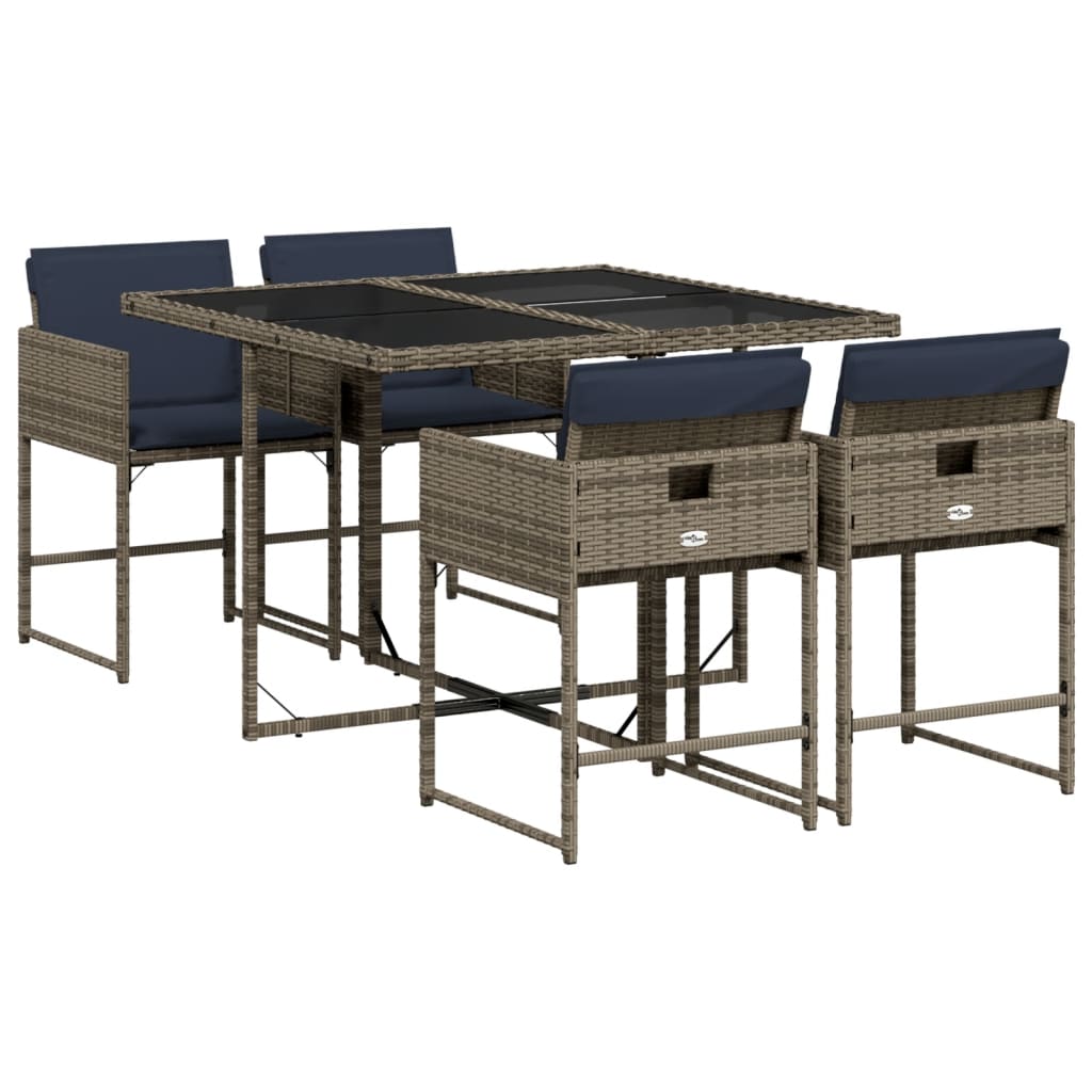 5-teiliges Garten-Ess-Set mit Kissen, grau, Polyrattan