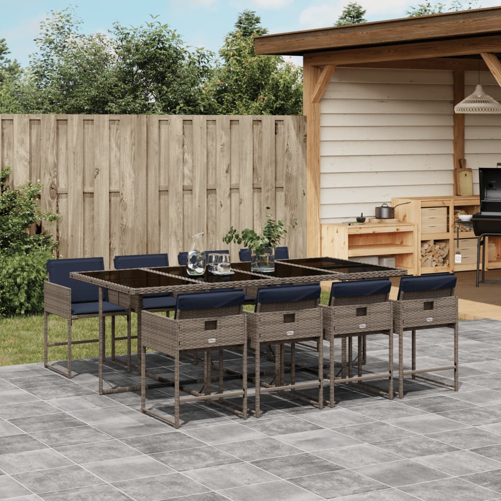 9-teiliges Garten-Ess-Set mit Kissen, grau, Polyrattan