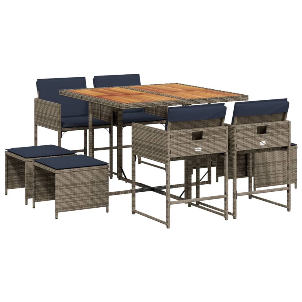 9-teiliges Garten-Ess-Set mit Kissen, grau, Polyrattan