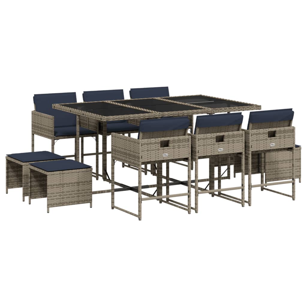 11-teiliges Garten-Ess-Set mit Kissen, grau, Polyrattan