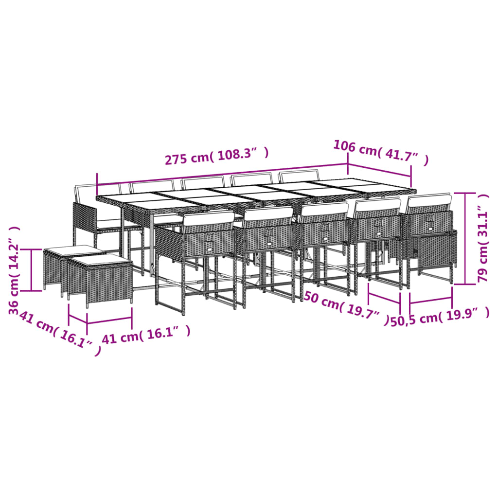 15-teiliges Garten-Ess-Set mit Kissen, grau, Polyrattan
