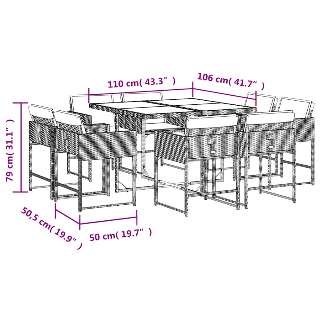 9-tlg. Garten-Essgruppe mit Kissen Grau Poly Rattan