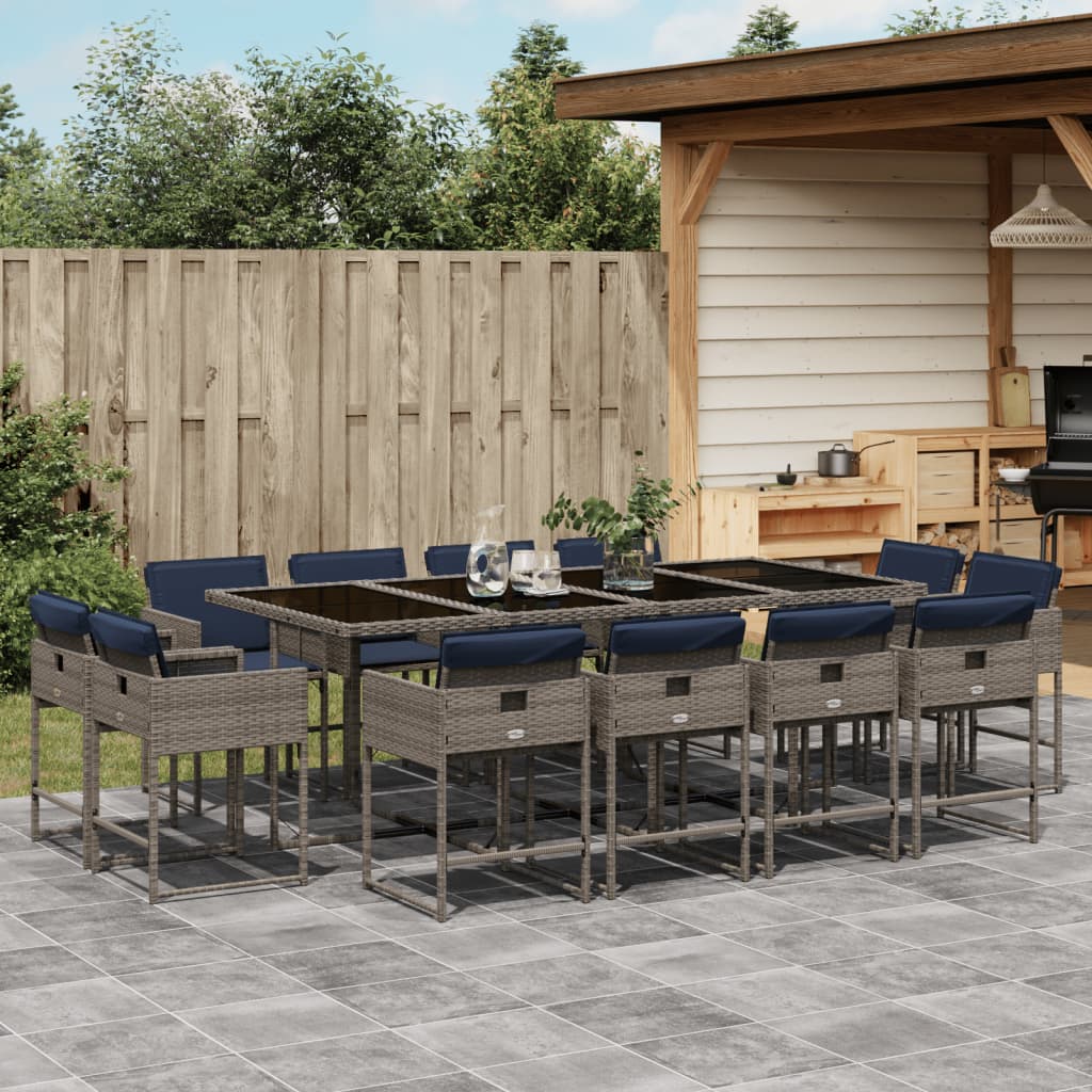 13-teiliges Garten-Ess-Set mit Kissen, grau, Polyrattan