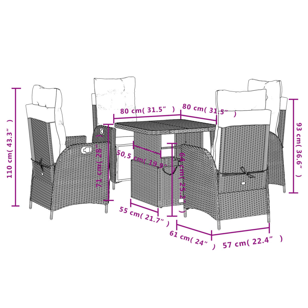 5-tlg. Garten-Essgruppe mit Kissen Schwarz Poly Rattan