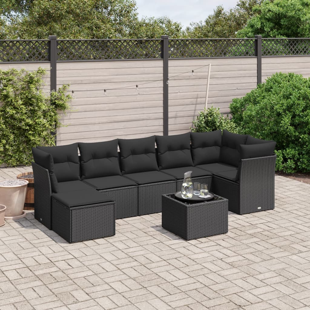 8-tlg. Garten-Sofagarnitur mit Kissen Schwarz Poly Rattan