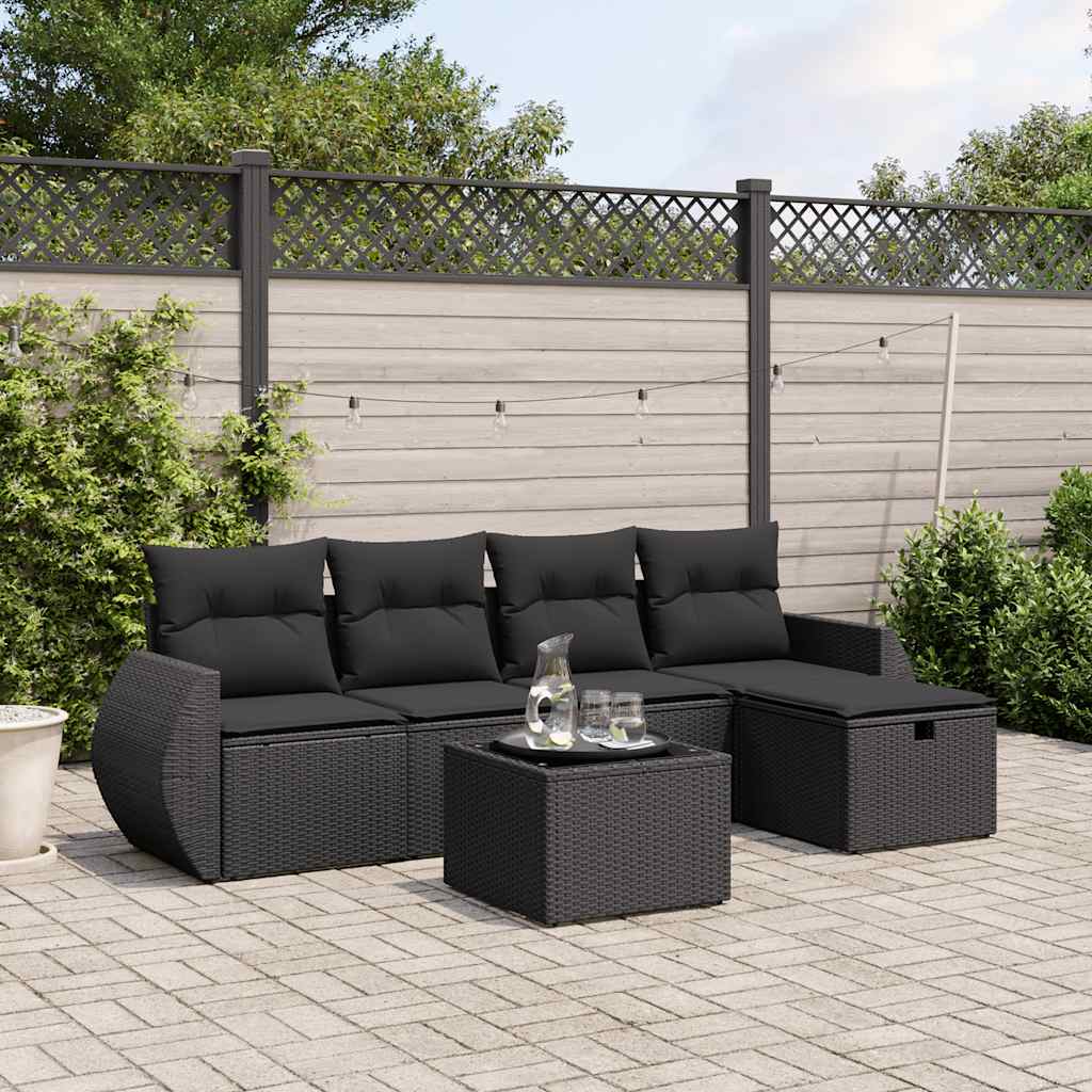 6-tlg. Garten-Sofagarnitur mit Kissen Schwarz Poly Rattan