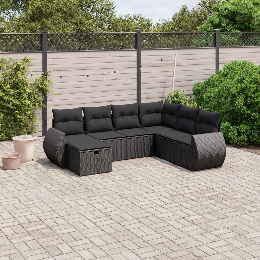 7-tlg. Garten-Sofagarnitur mit Kissen Schwarz Poly Rattan