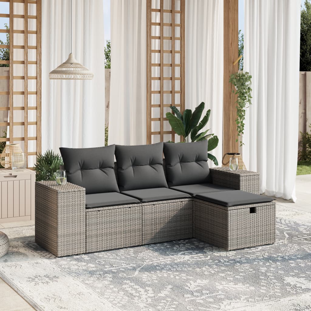 4-tlg. Garten-Sofagarnitur mit Kissen Grau Poly Rattan