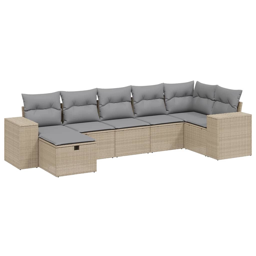 7-tlg. Garten-Sofagarnitur mit Kissen Beige Poly Rattan