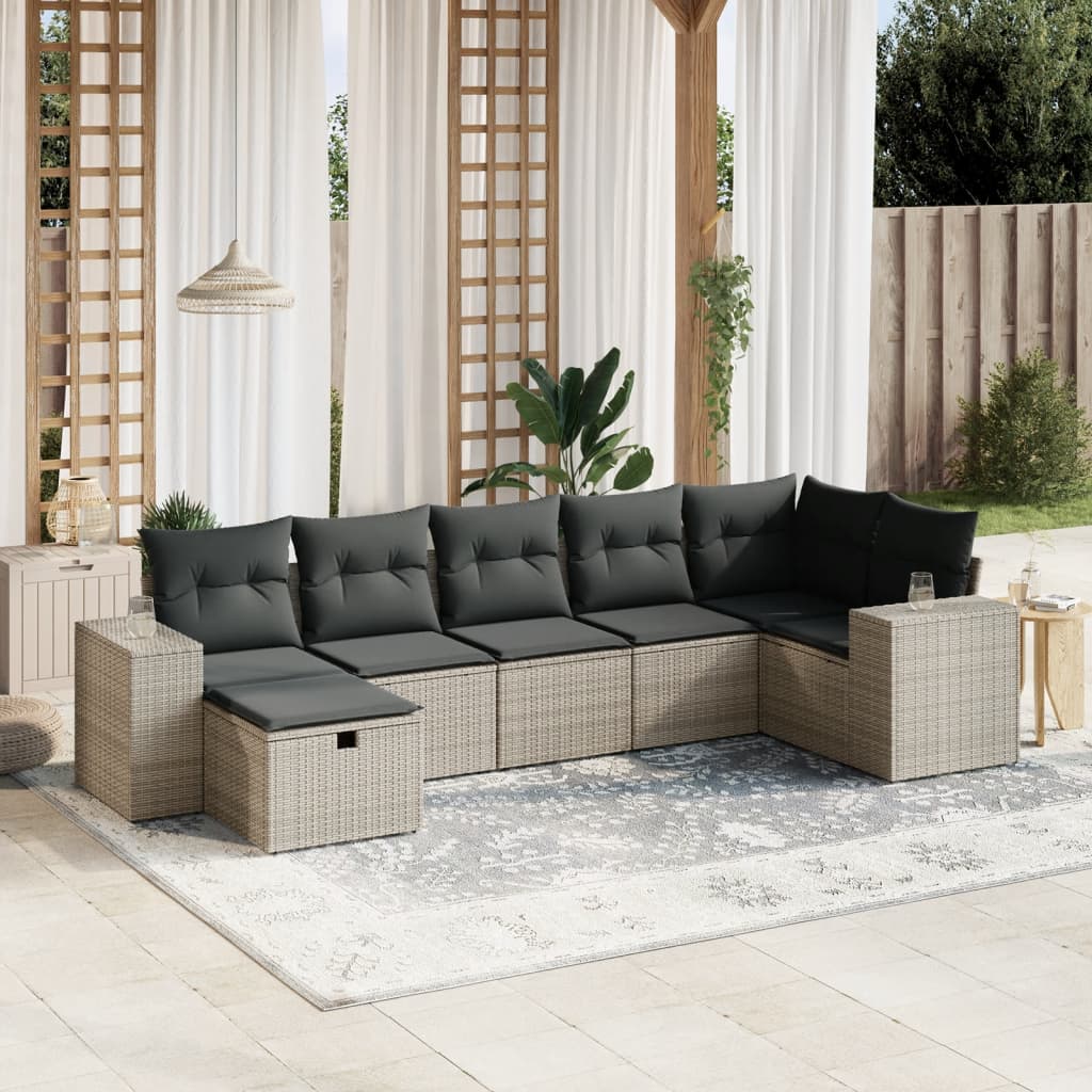 7-tlg. Garten-Sofagarnitur mit Kissen Grau Poly Rattan