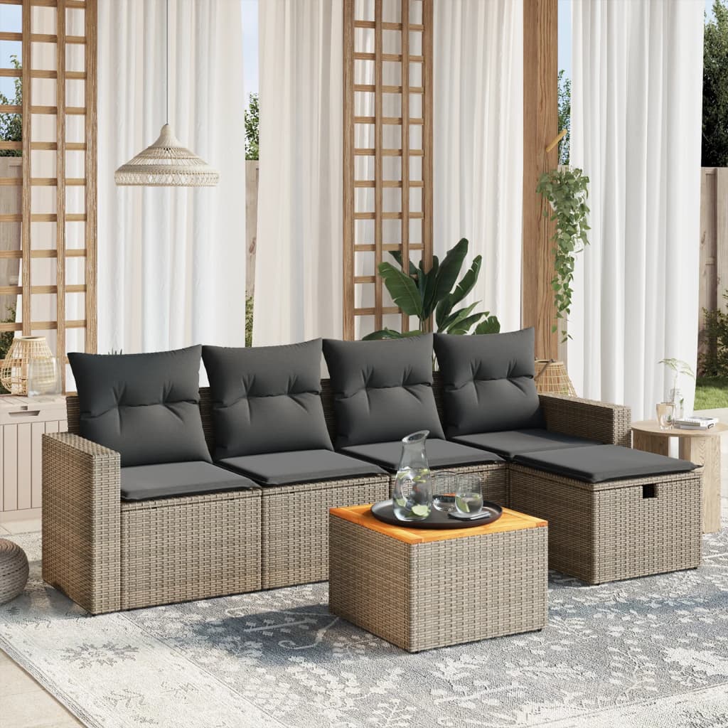 6-tlg. Garten-Sofagarnitur mit Kissen Grau Poly Rattan