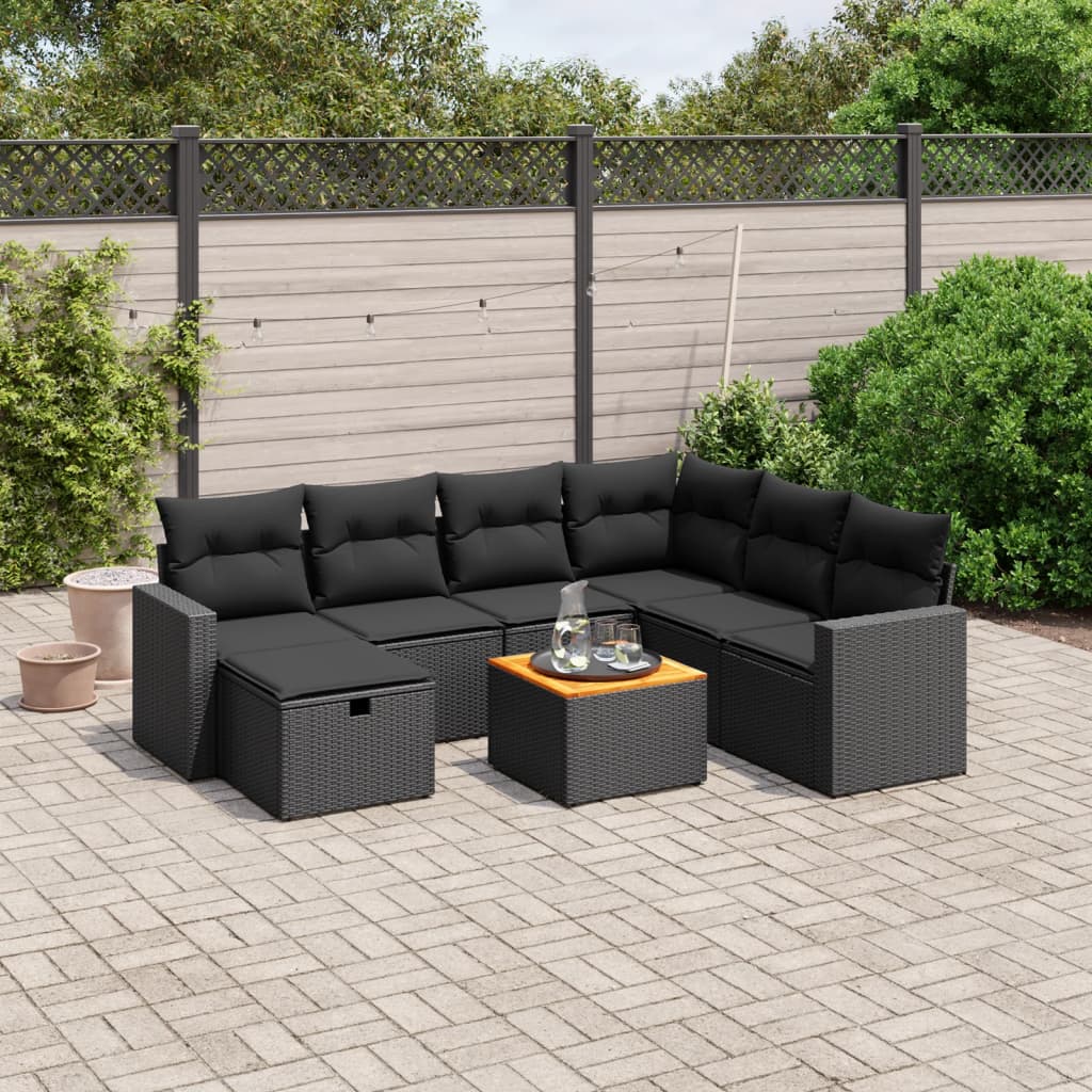 8-tlg. Garten-Sofagarnitur mit Kissen Schwarz Poly Rattan