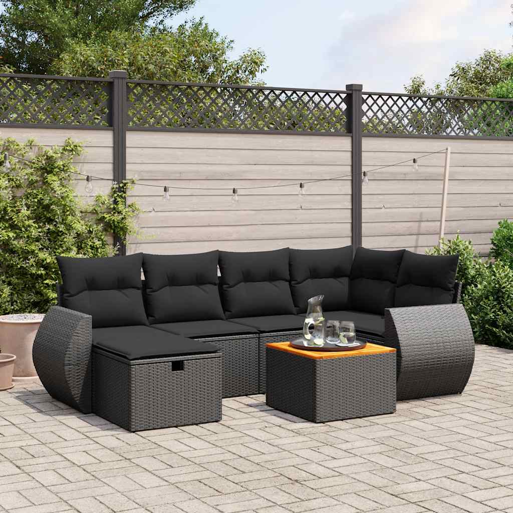7-tlg. Garten-Sofagarnitur mit Kissen Schwarz Poly Rattan