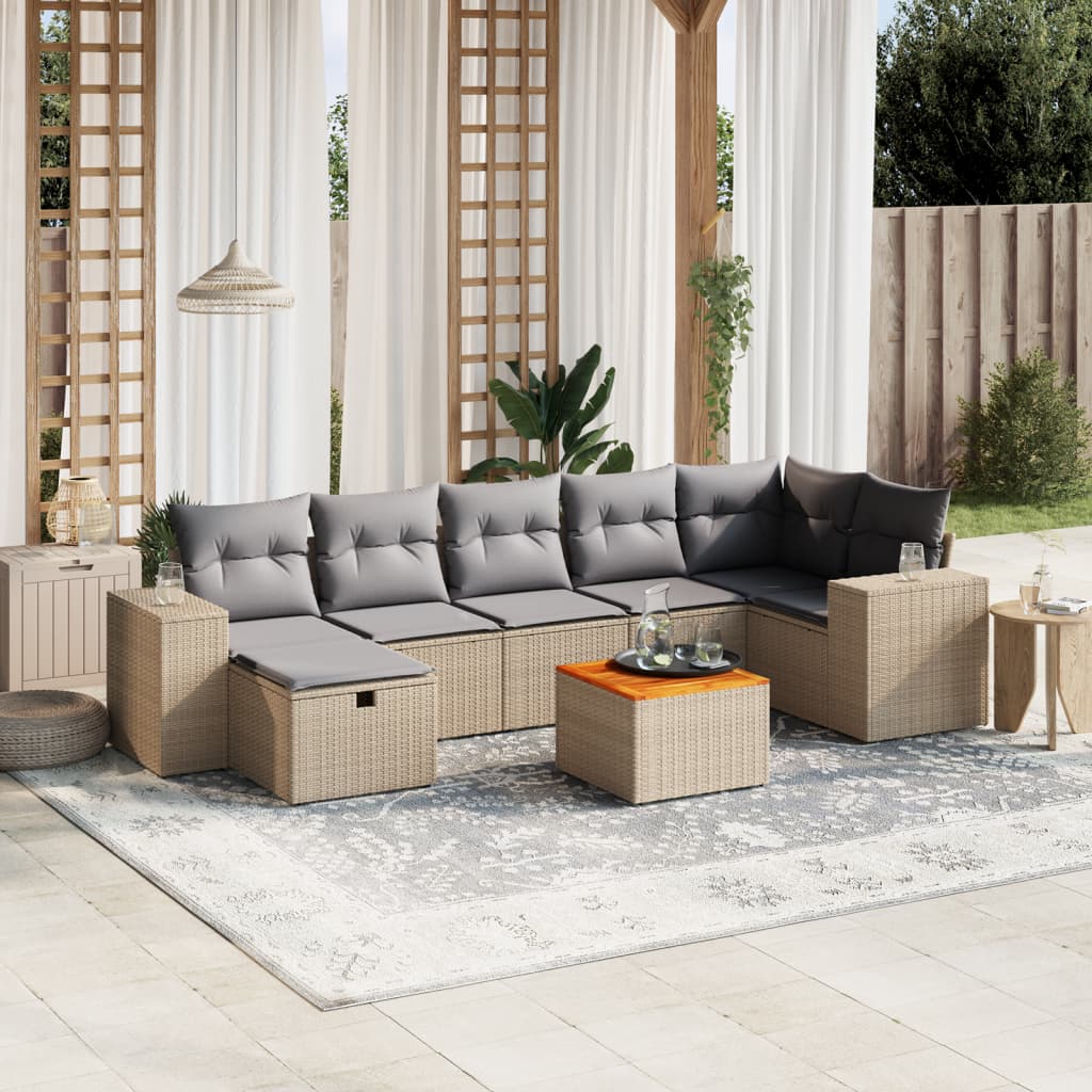 8-tlg. Garten-Sofagarnitur mit Kissen Beige Poly Rattan