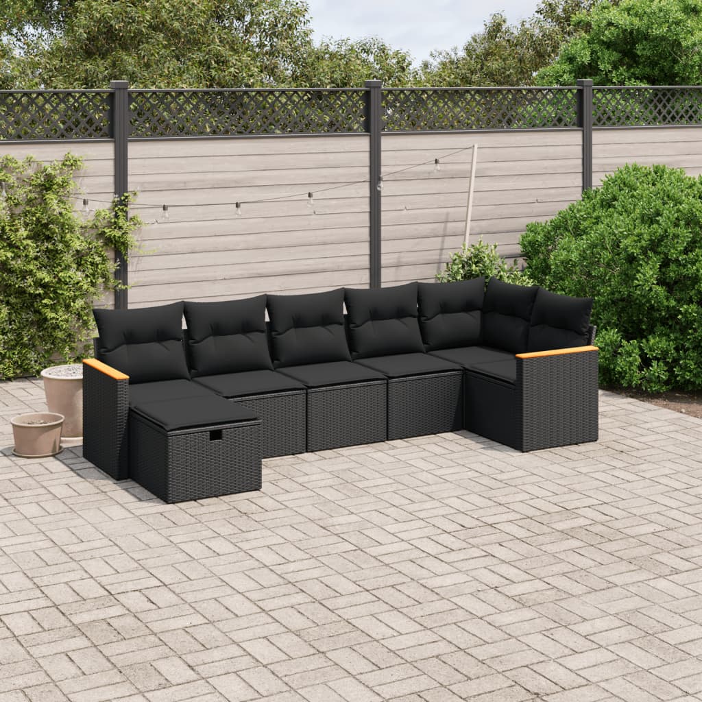 7-tlg. Garten-Sofagarnitur mit Kissen Schwarz Poly Rattan
