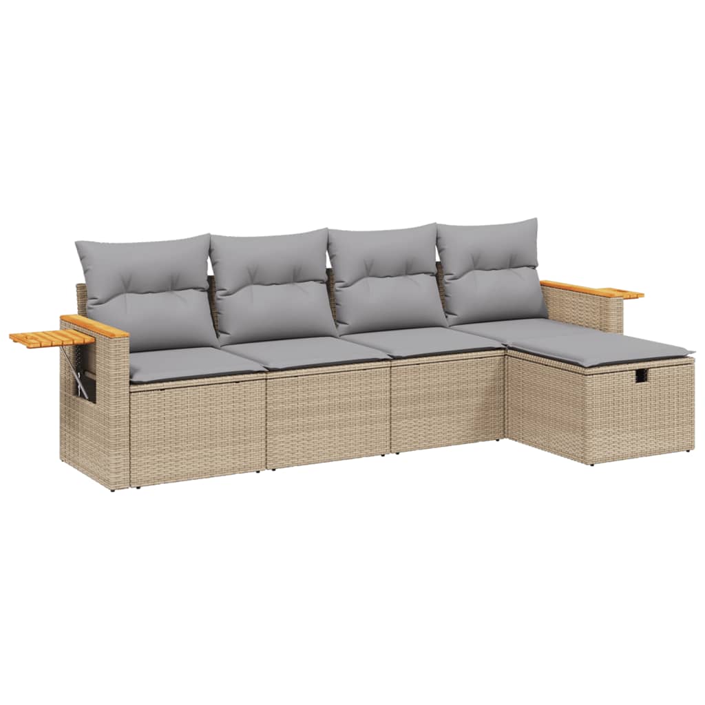 5-tlg. Garten-Sofagarnitur mit Kissen Beige Poly Rattan