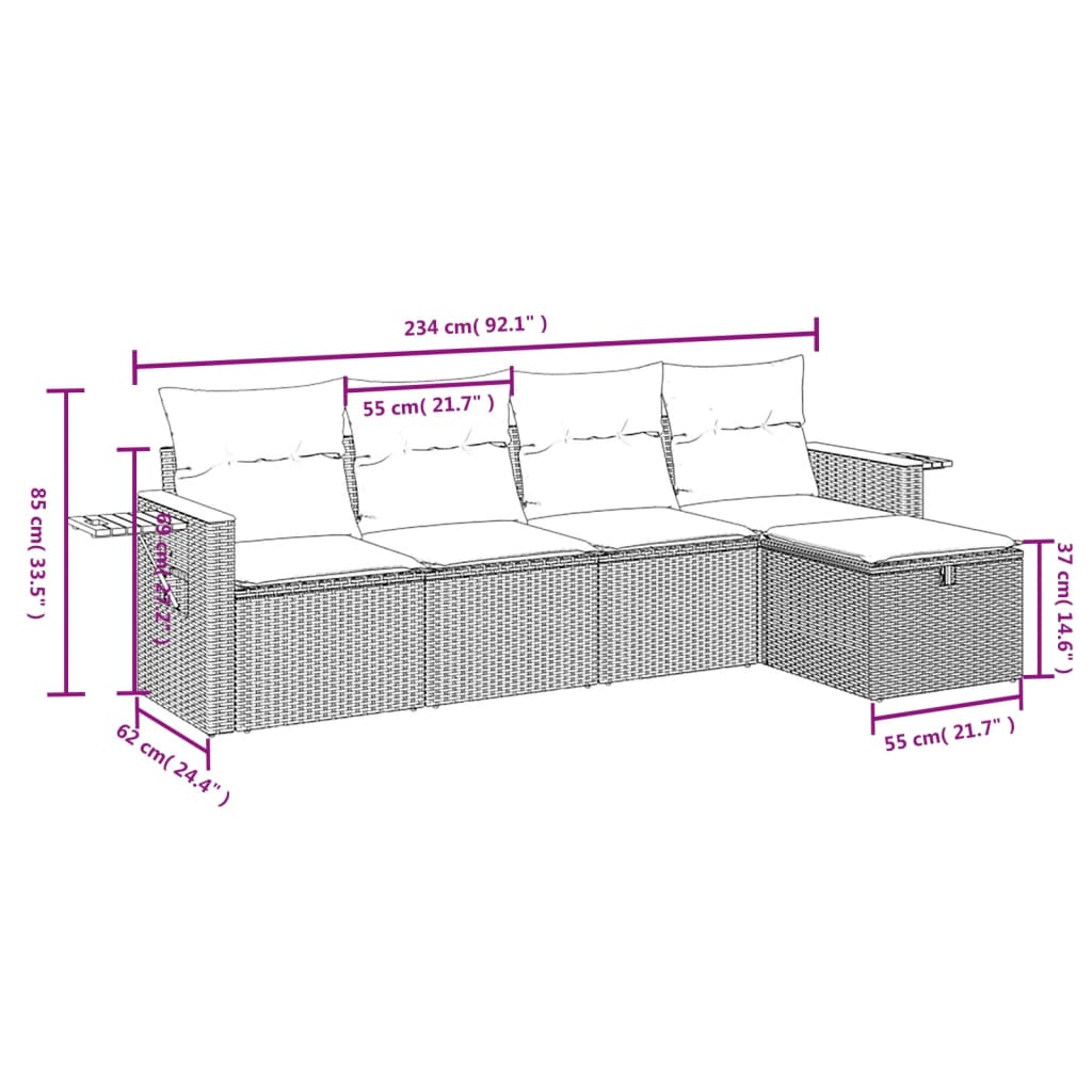 5-tlg. Garten-Sofagarnitur mit Kissen Beige Poly Rattan