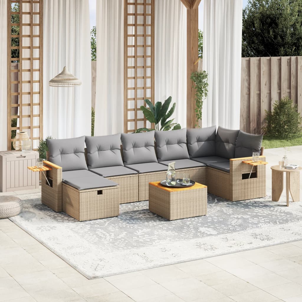 8-tlg. Garten-Sofagarnitur mit Kissen Beige Poly Rattan