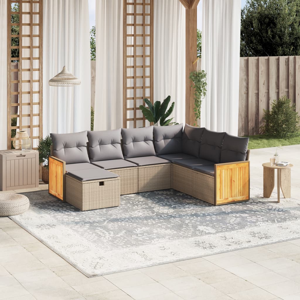 7-tlg. Garten-Sofagarnitur mit Kissen Beige Poly Rattan