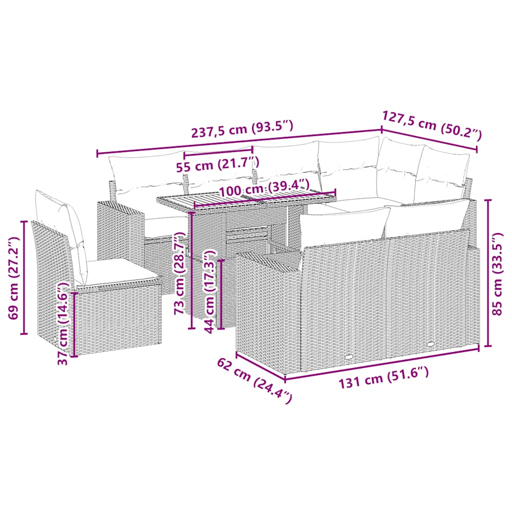 9-tlg. Garten-Sofagarnitur mit Kissen Beige Poly Rattan