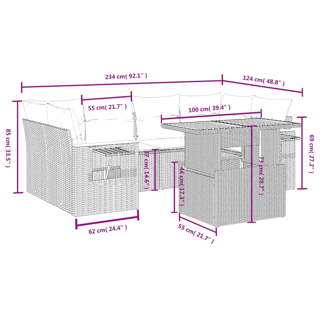7-tlg. Garten-Sofagarnitur mit Kissen Grau Poly Rattan