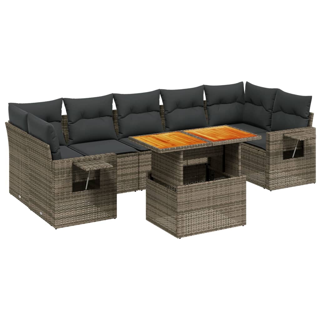 8-tlg. Garten-Sofagarnitur mit Kissen Grau Poly Rattan